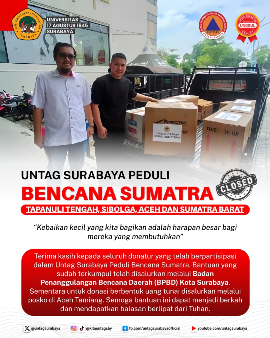 Untag Surabaya Peduli Bencana Sumatra CLOSED