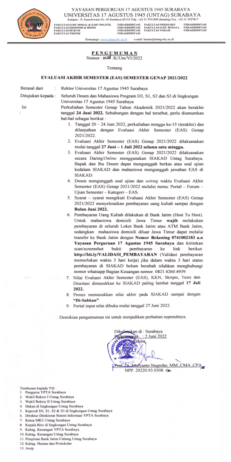 Pengumuman Evaluasi Akhir Semester (EAS) Semester Genap 2021-2022