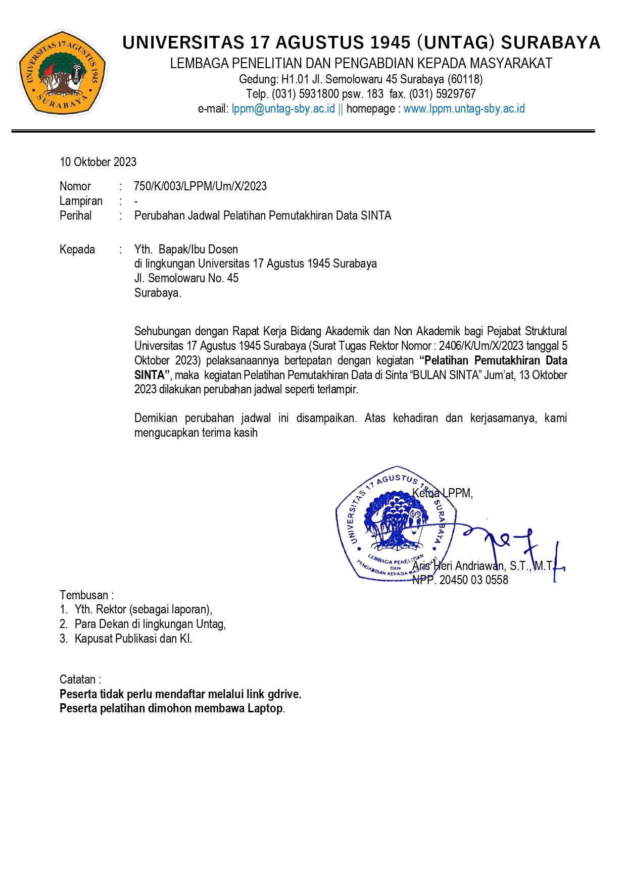 Perubahan Jadwal Pelatihan Pemutakhiran Data SINTA