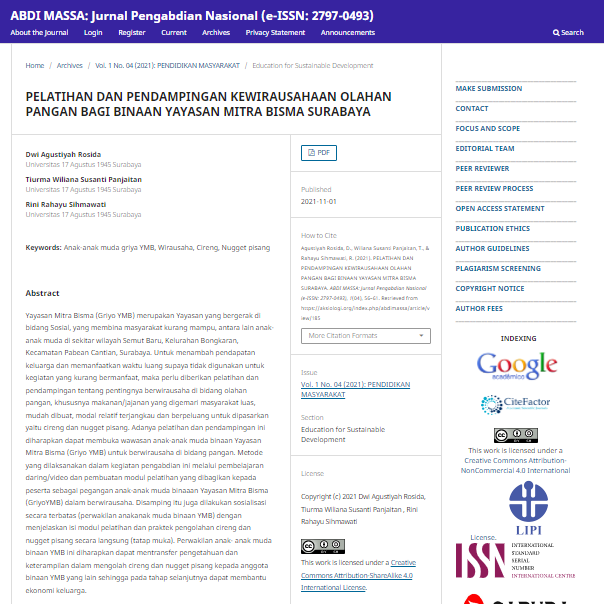 PELATIHAN DAN PENDAMPINGAN KEWIRAUSAHAAN OLAHAN PANGAN BAGI BINAAN YAYASAN MITRA BISMA SURABAYA
