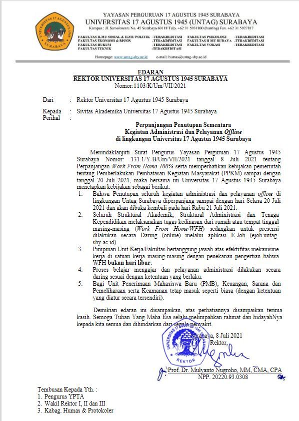 Perpanjangan Penutupan Sementara Kegiatan Administrasi dan Pelayanan Offline dilingkungan Universitas 17 Agustus 1945 Surabaya