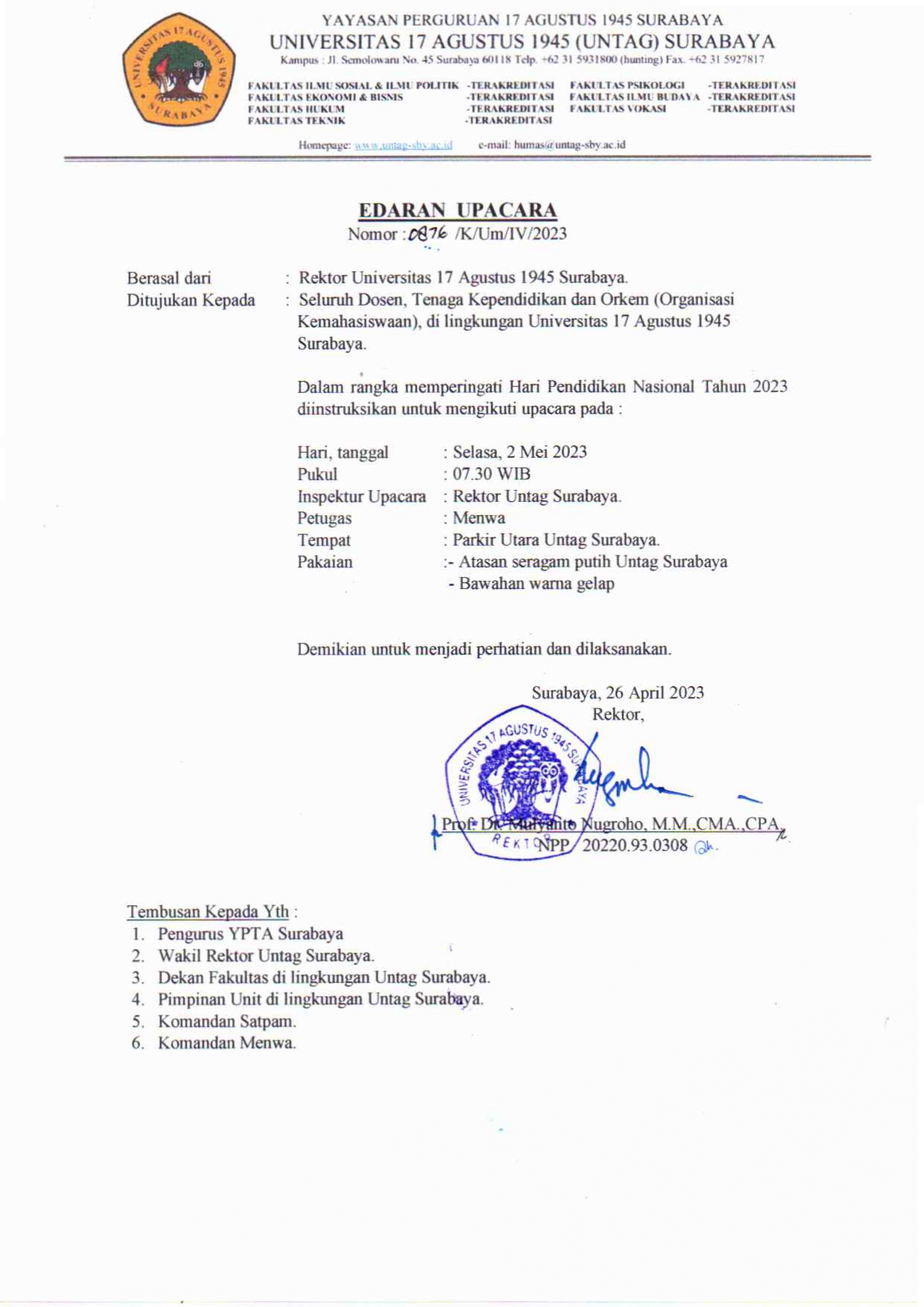 EDARAN UPACARA Memperingati  Hari Pendidikan Nasional (HARDIKNAS) Tahun 2023 di Lingkungan Universitas 17 Agustus 1945 Surabaya