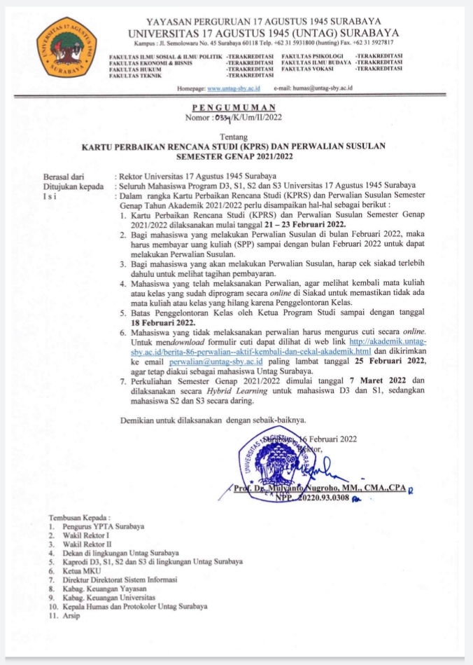 KARTU PERBAIKAN RENCANA STUDI (KPRS) DAN PERWALIAN SUSULAN SEMESTER GENAP 2021/2022