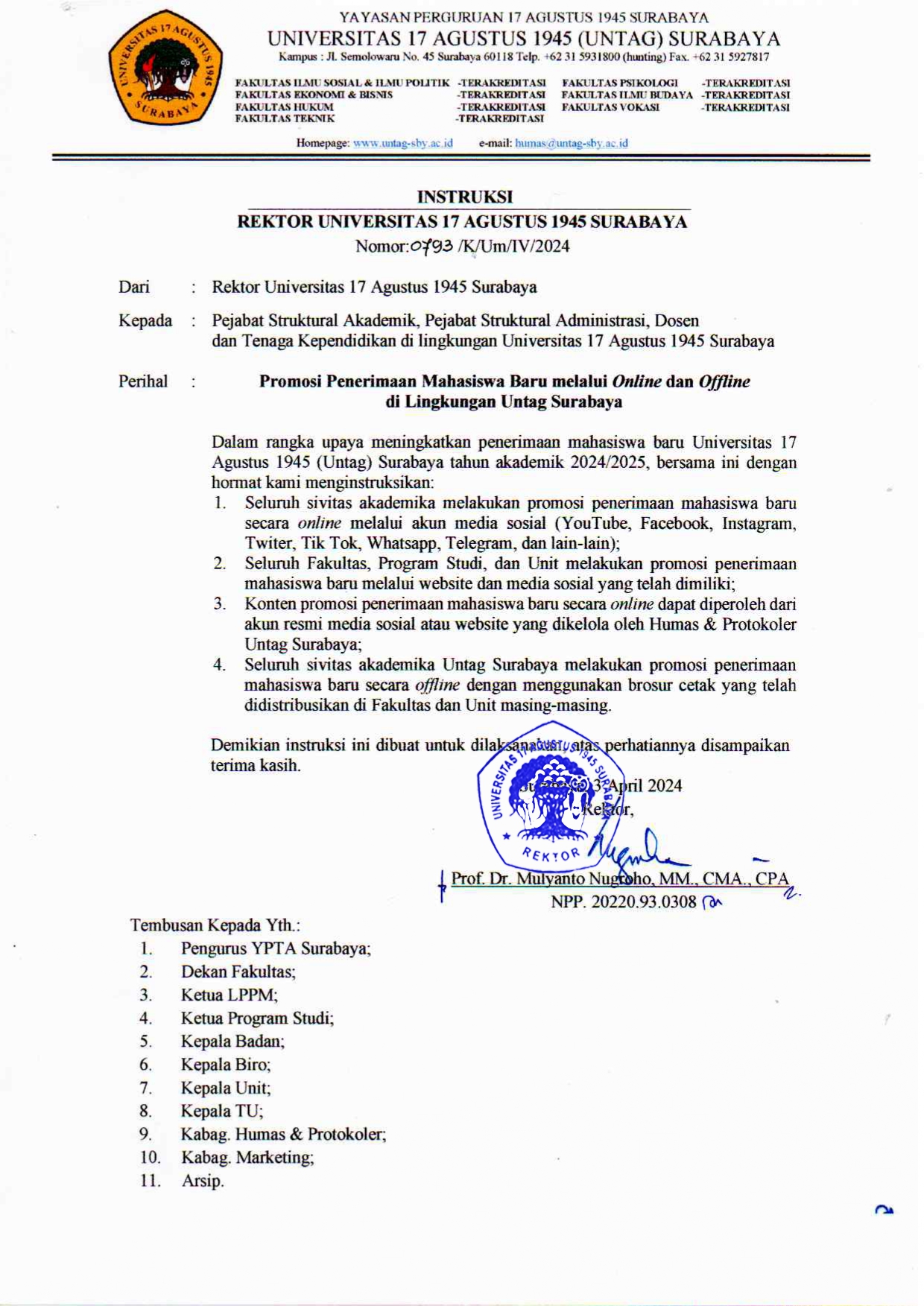 Instruksi Promosi PMB Untag Surabaya