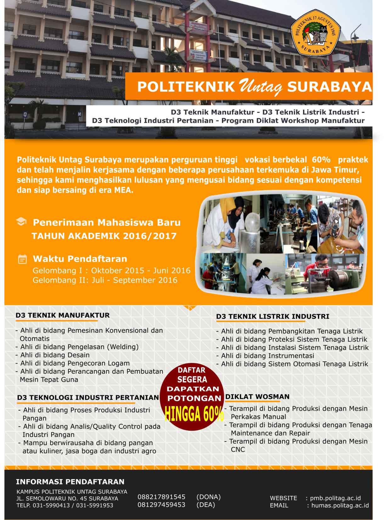 Pendaftaran Mahasiswa Baru POLITEKNIK UNTAG Surabaya Tahun Akademik 2016 / 2017