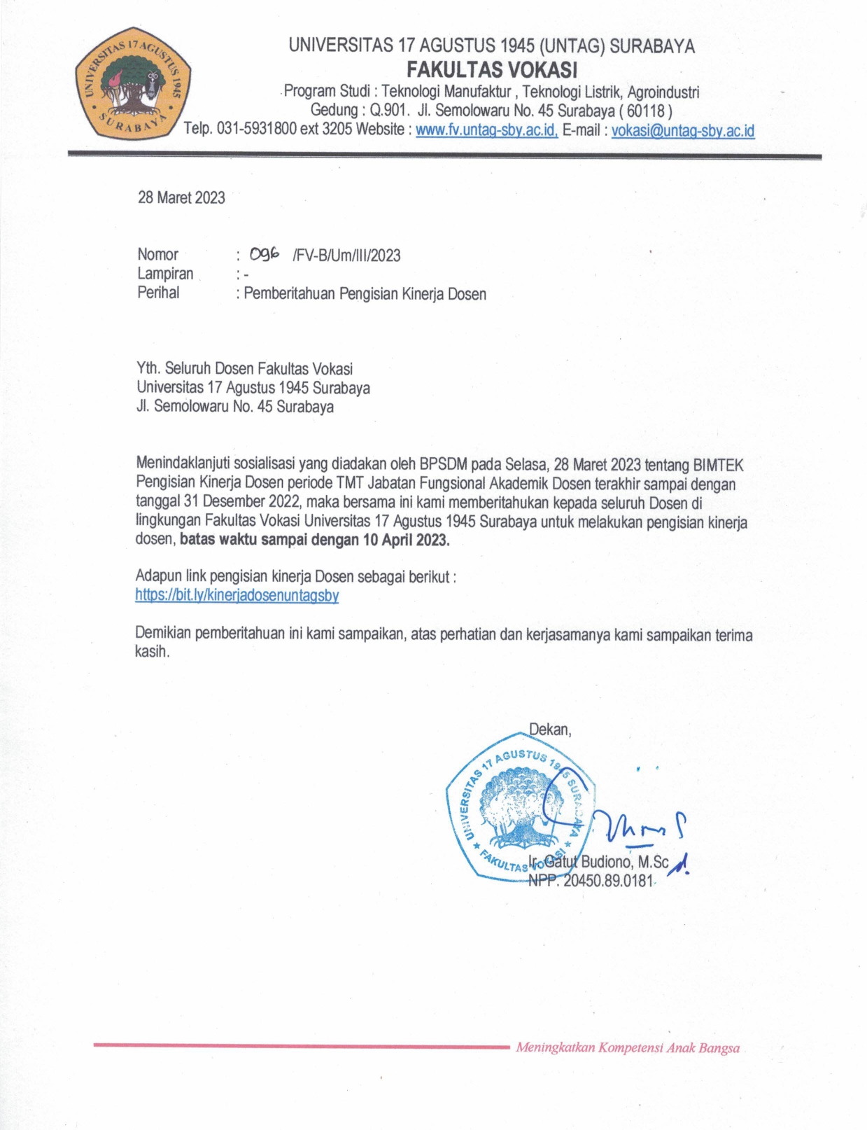 Pemberitahuan Pengisian Kinerja Dosen
