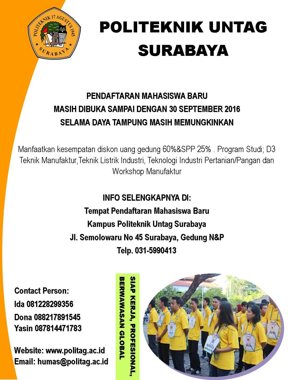 Pendaftaran Mahasiswa Baru Politeknik Untag Surabaya Tahun Akademik 2016/207 Masih Dibuka 