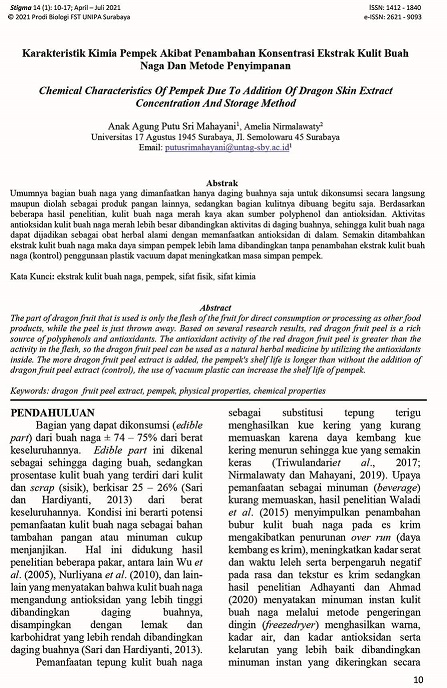 Karakteristik Kimia Pempek Akibat Penambahan Konsentrasi Ekstrak Kulit Buah  Naga Dan Metode Penyimpanan - Jurnal STIGMA 14 No. 1 April-Juli 2021