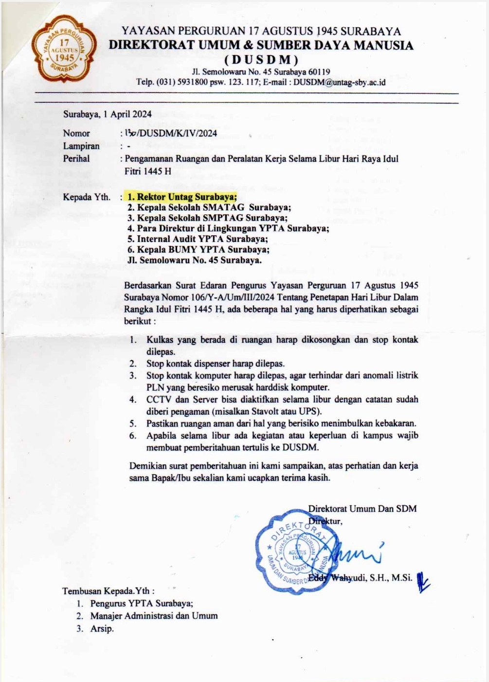 Edaran YPTA - Pengamanan Ruangan dan Peralatan Kerja selama Libur Idul Fitri 1445 H
