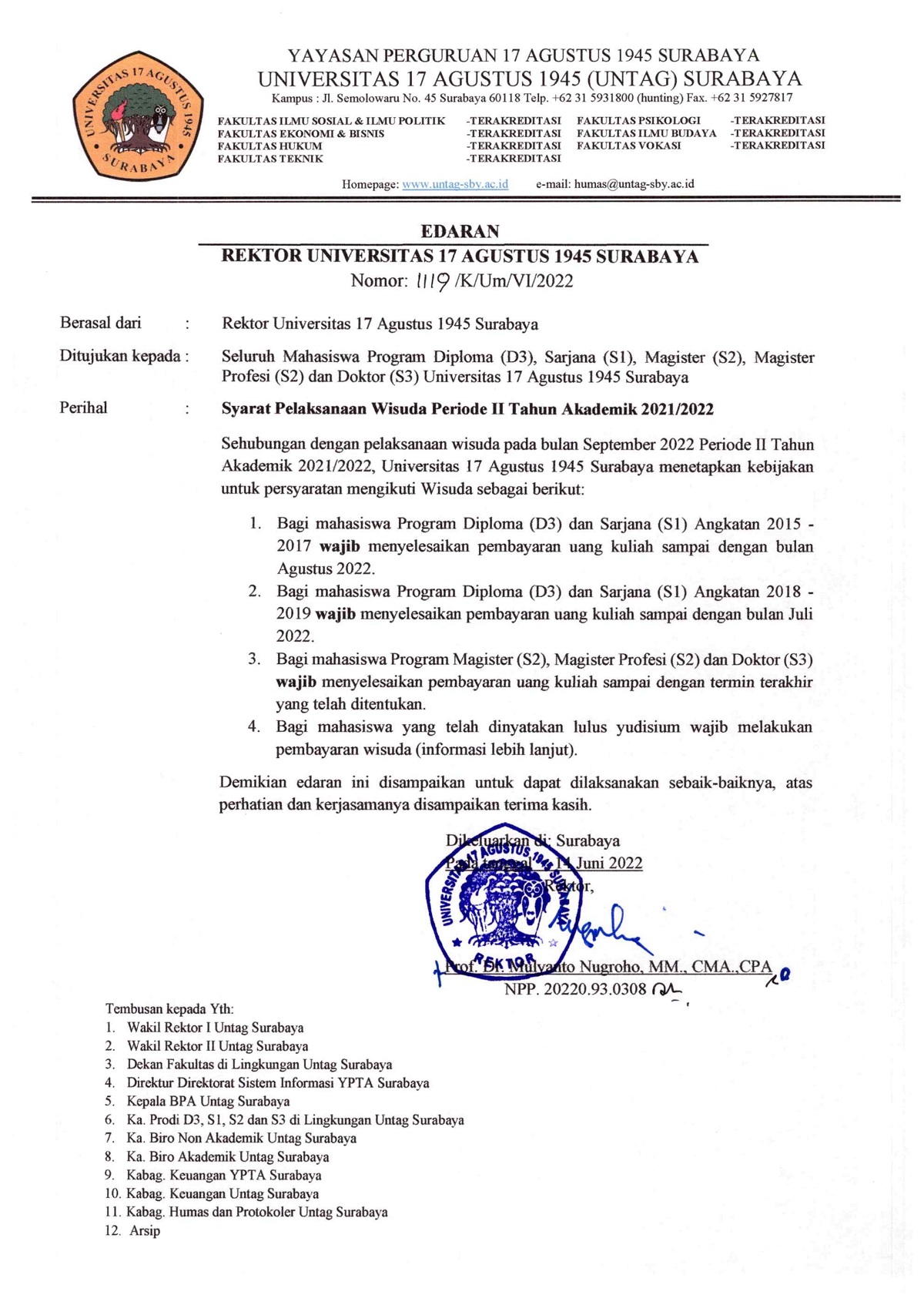 PENGUMUMAN SYARAT PELAKSANAAN WISUDA PERIODE II TAHUN AKADEMIK 2021/2022