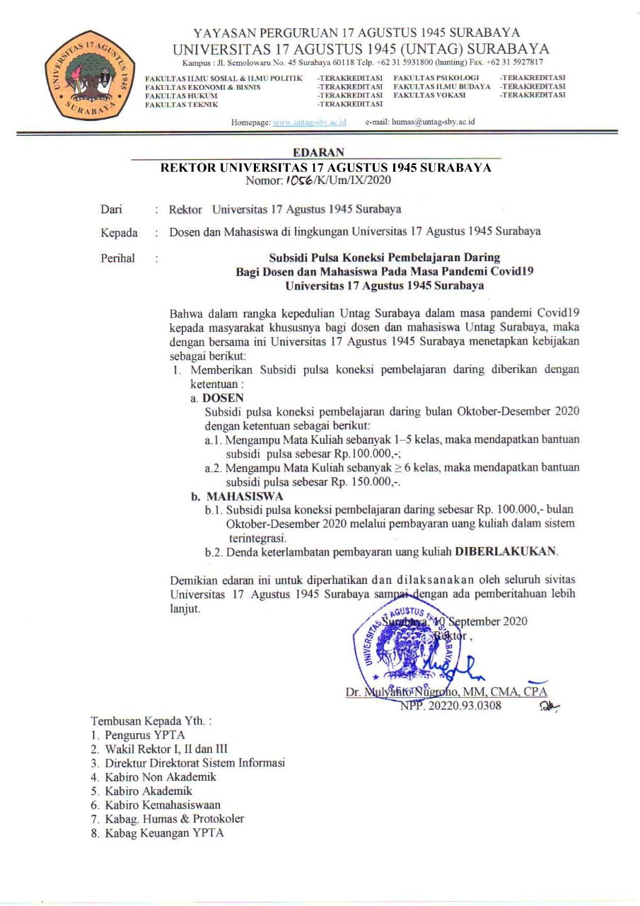 EDARAN REKTOR UNIVERSITAS 17 AGUSTUS 1945 SURABAYA SUBSIDI PULSA PEMBELAJARAN DARING BAGI DOSEN DAN MAHASISWA PADA MASA PANDEMI COVID 19