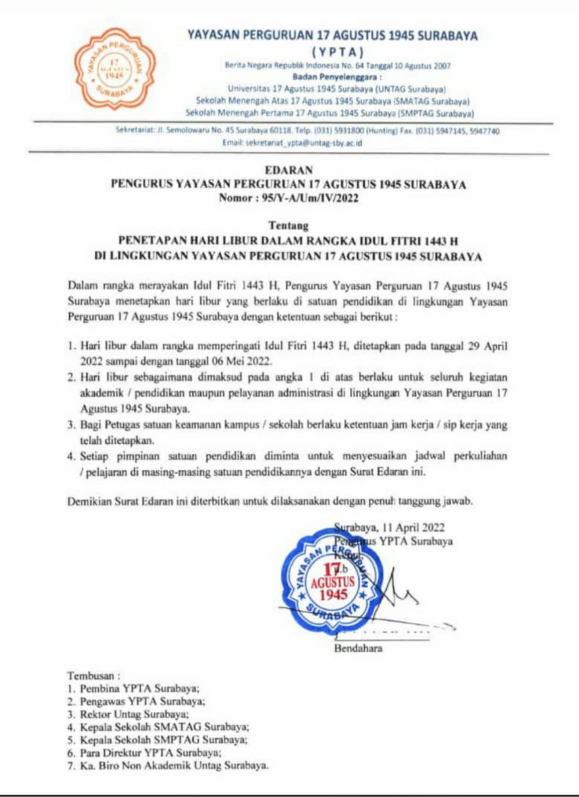 EDARAN PENETAPAN HARI LIBUR DALAM RANGKA IDUL FITRI 1443H DI LINGKUNGAN YAYASAN PERGURUAN 17 AGUSTUS 1945 SURABAYA