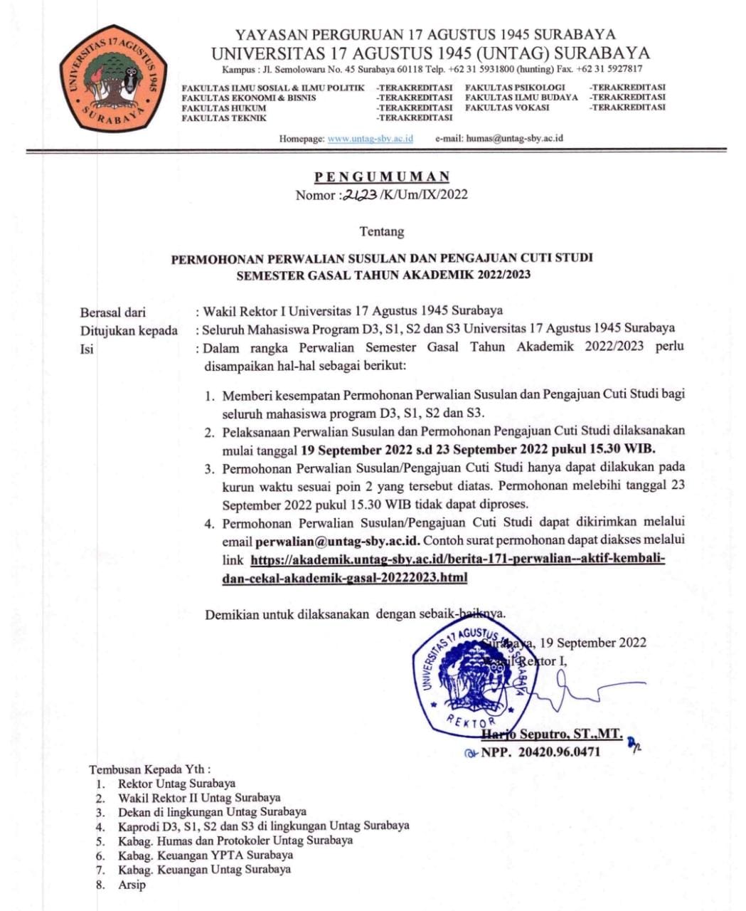 PERMOHONAN PERWALIAN SUSULAN DAN PENGAJUAN CUTI STUDI SEMESTER GASAL TAHUN AKADEMIK 2022/2023