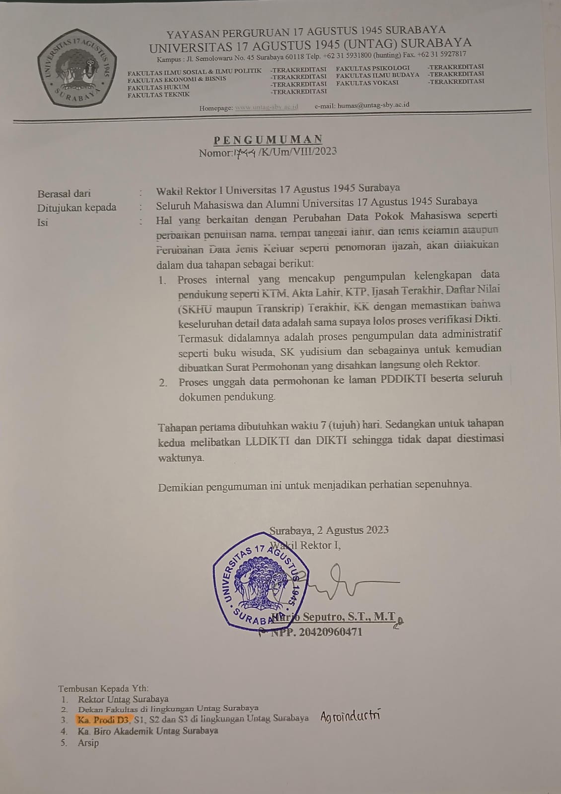 Perubahan Data Pokok Mahasiswa