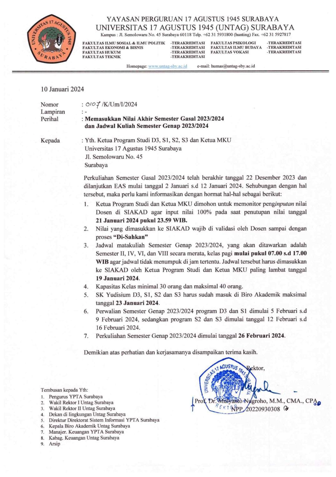 Batas Pengisisan Nilai Akhir Semester & Jadwal Kuliah Semester Genap 2023/2024