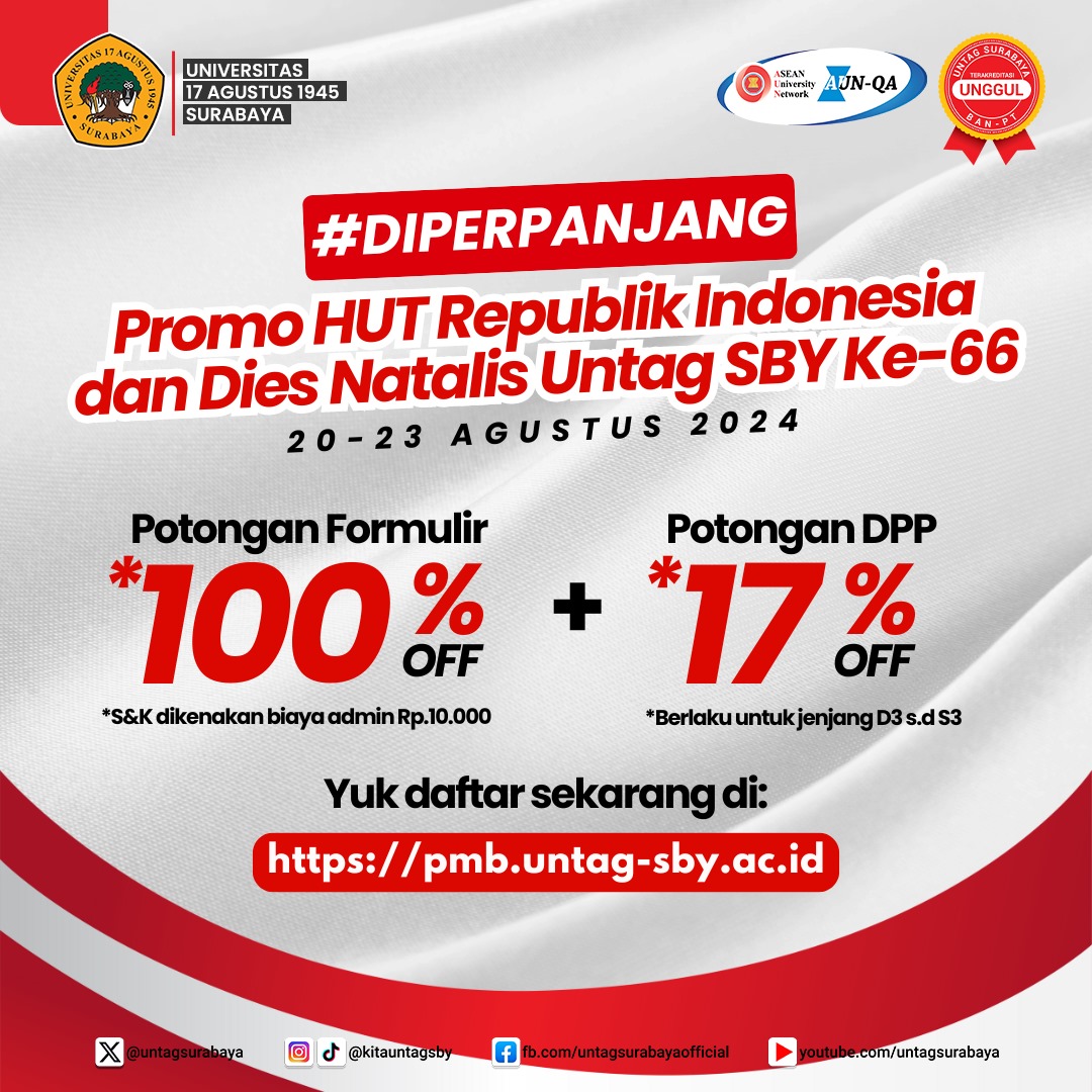 Diskon Pendaftaran Mahasiswa Baru Memperingati HUT RI Ke 79 & Dies Natalis UNTAG Surabaya Ke 66