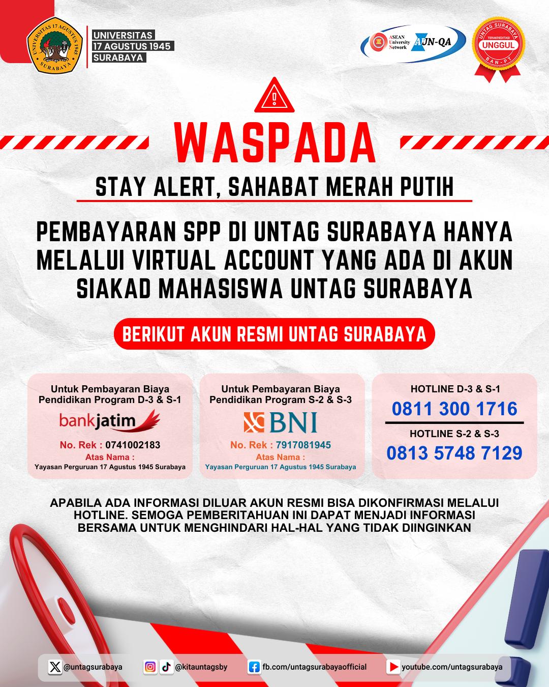 Waspada Informasi diluar Akun Resmi UNTAG Surabaya