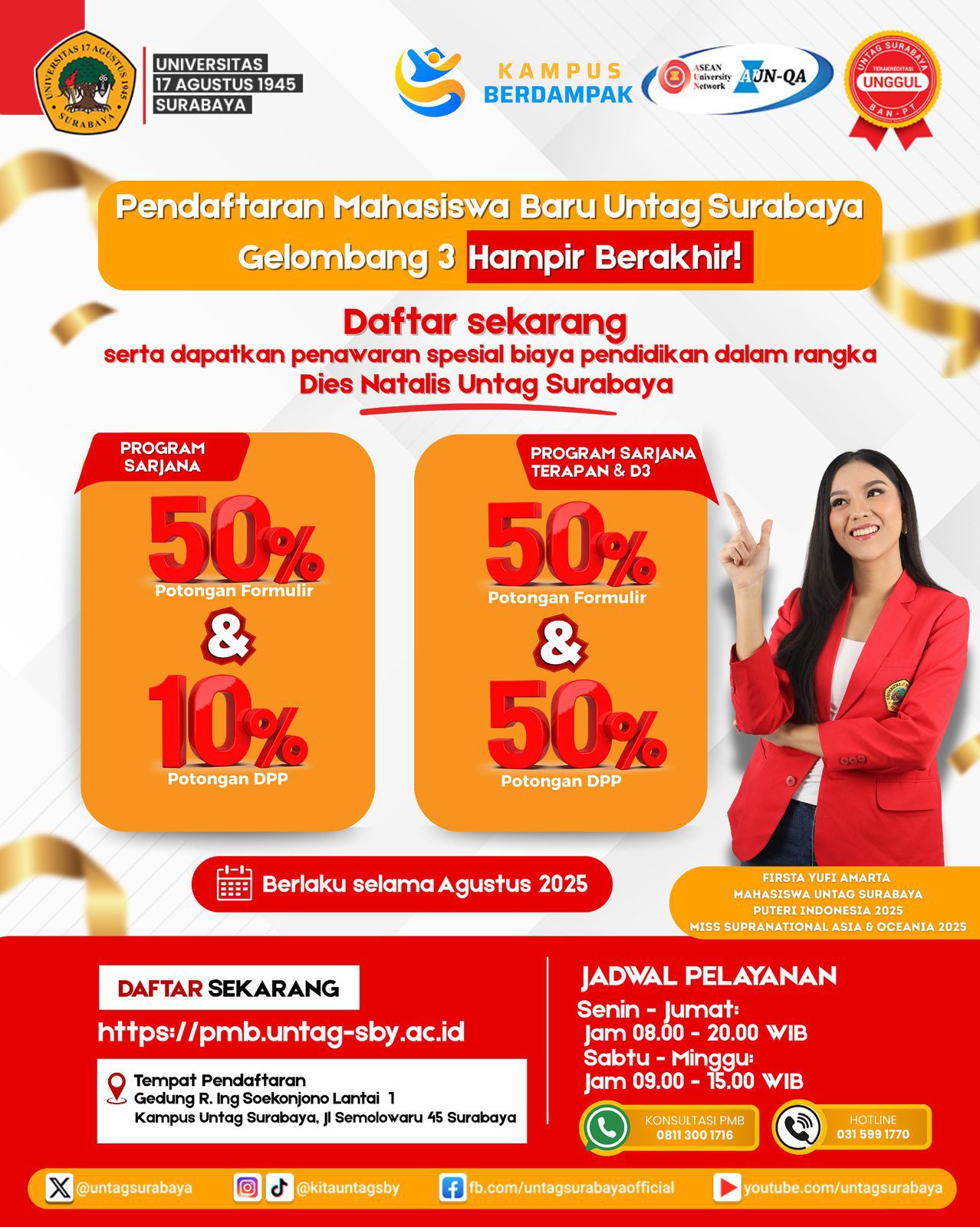 Pendaftaran Mahasiswa Baru Untag Surabaya Gelombang 3 Hampir Berakhir