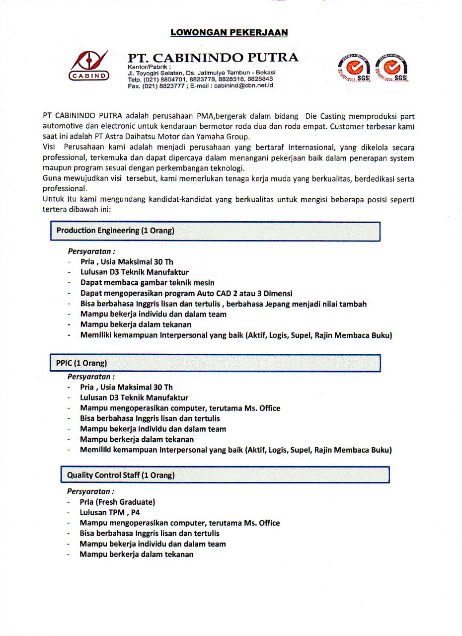 Lowongan Kerja PT. CABININDO PUTRA