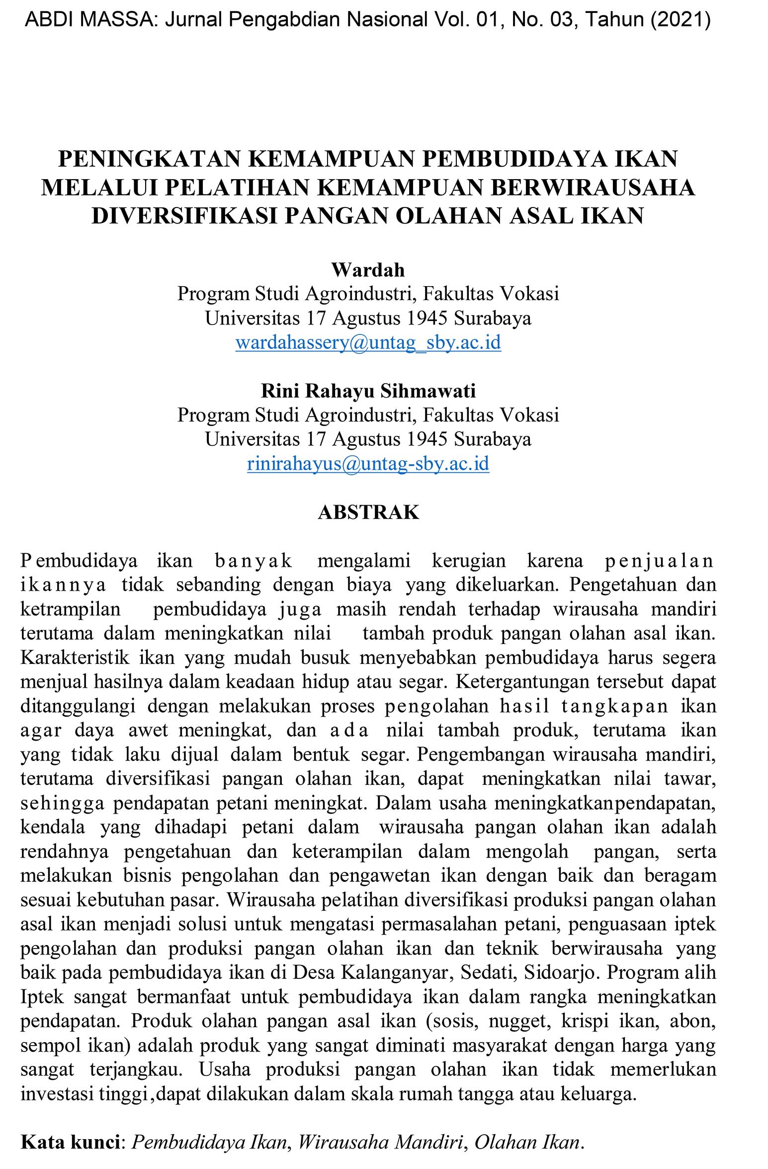 PENINGKATAN KEMAMPUAN PEMBUDIDAYA IKAN MELALUI PELATIHAN KEMAMPUAN BERWIRAUSAHA DIVERSIFIKASI PANGAN OLAHAN ASAL IKAN