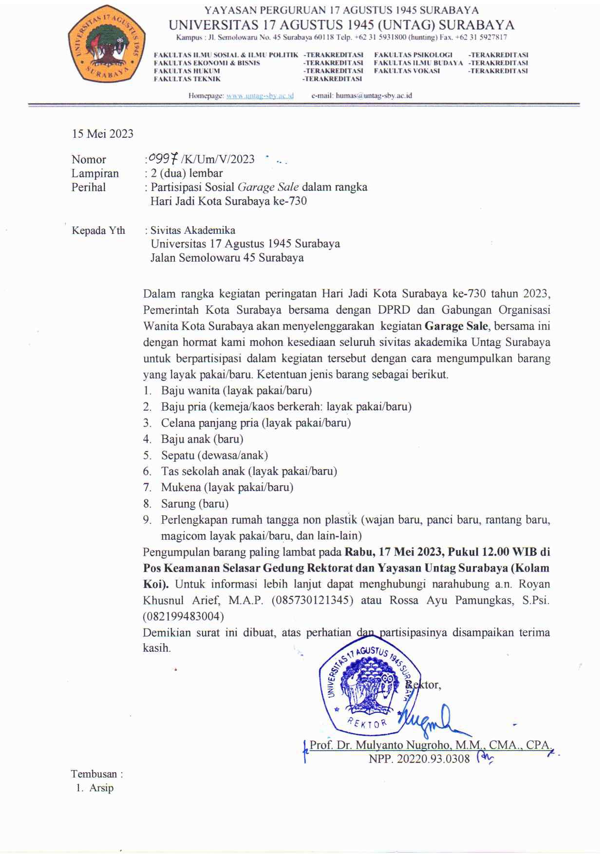 Surat Partisipasi Sosial Garage Sale Dalam Rangka Hari Jadi Kota Surabaya ke 730 untuk Sivitas Akademika di Lingkungan Universitas 17 Agustus 1945 Sur