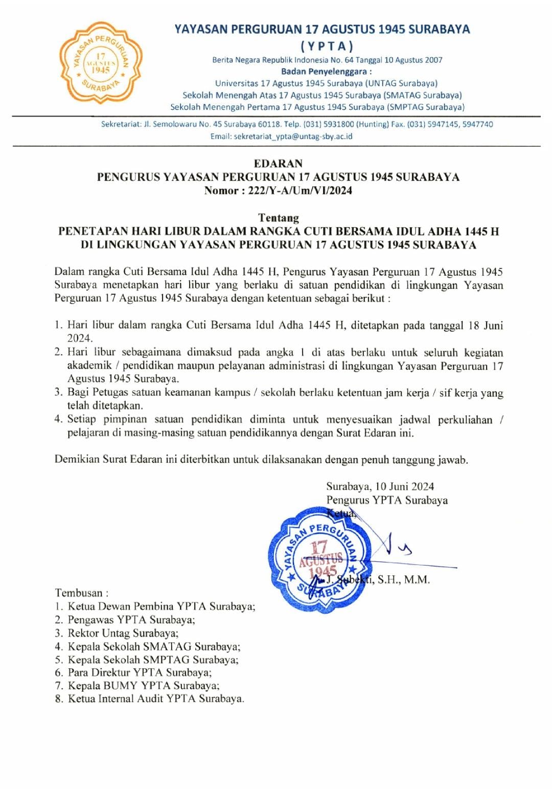 Edaran Penetapan Hari Libur dalam Rangka Cuti Bersama Idul Adha 1445 H