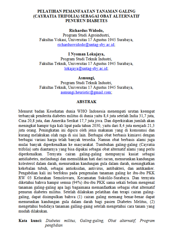 PELATIHAN PEMANFAATAN TANAMAN GALING (CAYRATIA TRIFOLIA) SEBAGAI OBAT ALTERNATIF PENURUN DIABETES