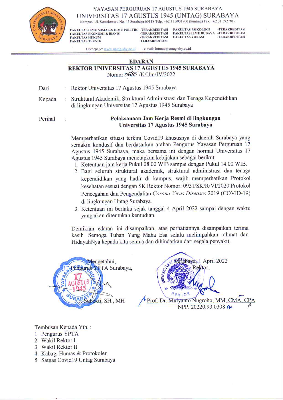 Pelaksanaan Jam Kerja Resmi di Untag Surabaya April 2022