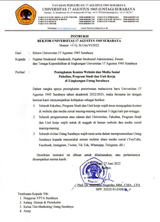 INSTRUKSI Peningkatan Konten Website dan Media Sosial Fakultas, Program Studi dan Unit Kerja di Lingkungan Untag Surabaya